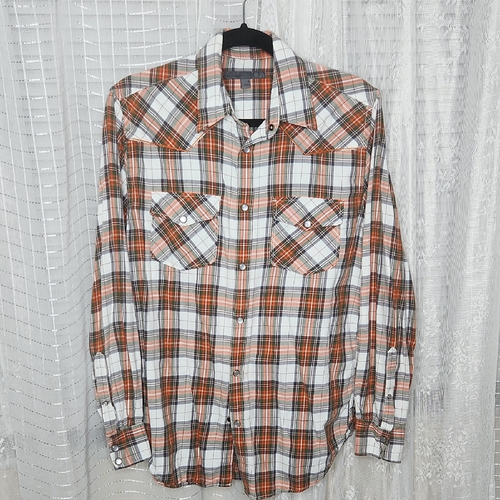 Men's Orange And Black Plaid 100% Cotton Snappy Western Long Sleeve Shirt SzM